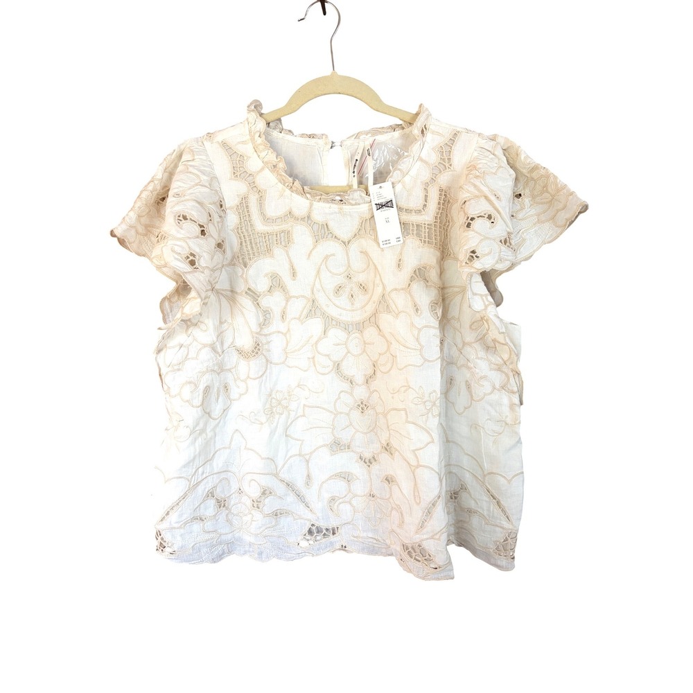 Anthropologie Lainie Blouse White Lace Cutwork Flutter‎ Sleeve Linen Top XL NWT - Picture 6 of 16